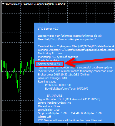 When the first number of server send counter is growing it means Server EA is running