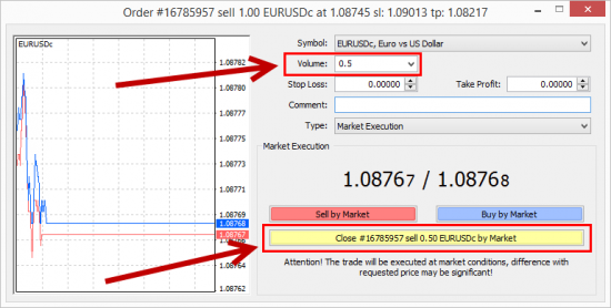 Closing half of the position in MT4 client terminal.