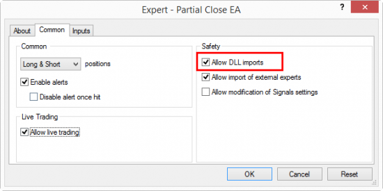 MT4 Expert Advisor allowed to use DLL libraries. Many EAs do not work if this is disabled, but be careful with this and only enable DLLs from the verified publishers.