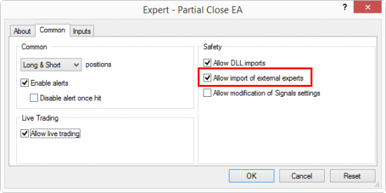 MT4 Expert Advisor allowed to import external experts. Some EAs do not work if this is disabled.