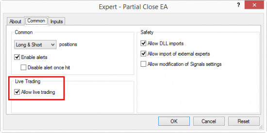 For Expert Advisor to work the Allow live trading option should be selected in the EA Properties window.