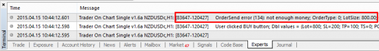 MT4 Experts tab shows error message code 134: Not enough money