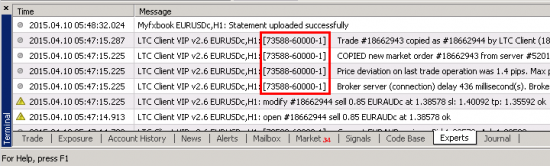 When Local Trade Copier Client EA prints messages in the Experts tab of the MT4 client terminal, it will add a special chart window ID to help customer identify which EA instance actually printed the message. This helps in case you are running multiple EAs.