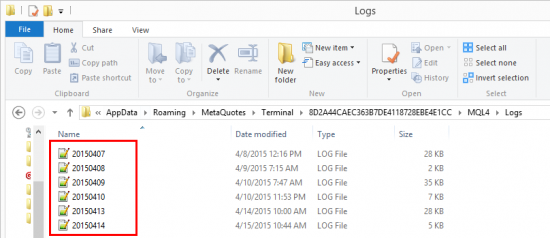 MQL4 Experts Log Files in the Data Folder of MT4 platform.