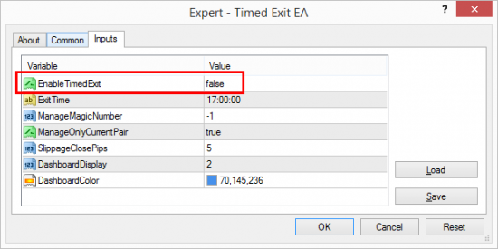 Time Exit function disabled by default in the Timed Exit EA Inputs