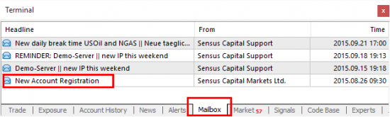 MT4 Mailbox tab at the bottom