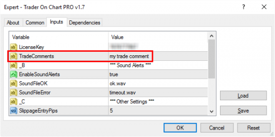 Custom trade comments can be set in EA inputs of the Trader on Chart