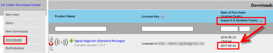 Support and Updates service expiry date in the EACoder Download Center