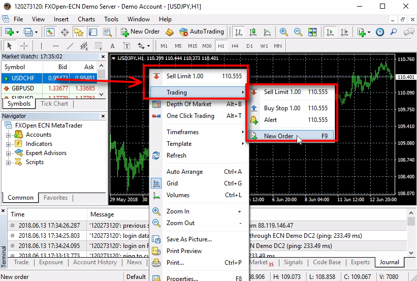 ;Here are trading menu options when logged into MT4 using the master password.