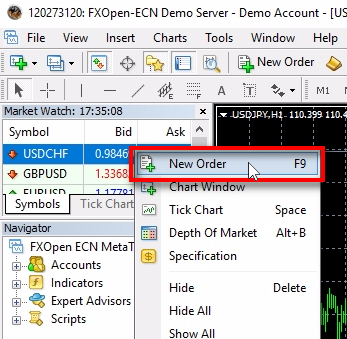;New Order menu is available in Market Watch popup if you log into MT4 using the master password.