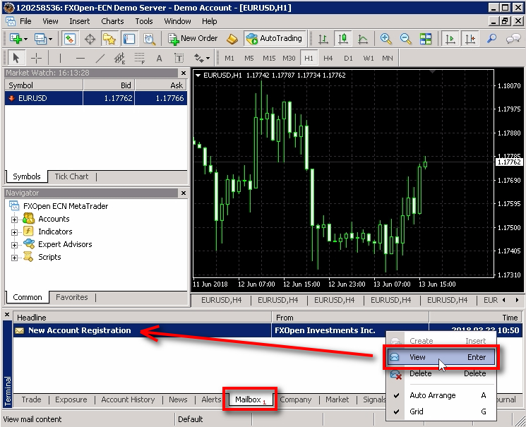 Another way to find MT4 investor password;If you did not save your MT4 passwords and your broker did not send them in your email inbox, then you can search for your intestor password in the Mailbox tab at the bottom of MT4. Usually, there are lots of messages from the broker. What you need to look for is the message with the subject New Account Registration or something similar. Then, click the right-mouse button on it and choose View.