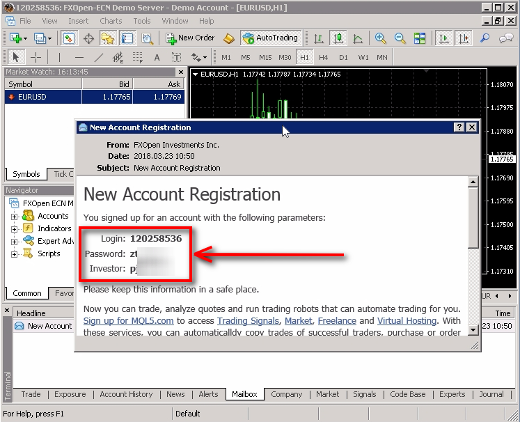 ;In the New Account Registration message you can find both MT4 passwords, main password, and the investor password. Make sure to double check the Login if it matches the MT4 account number you need. It could be that you will have multiple messages with passwords if you had several accounts on that MT4 platform.