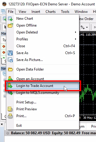 ;Click on Login to Trade Account in the File menu at the top.