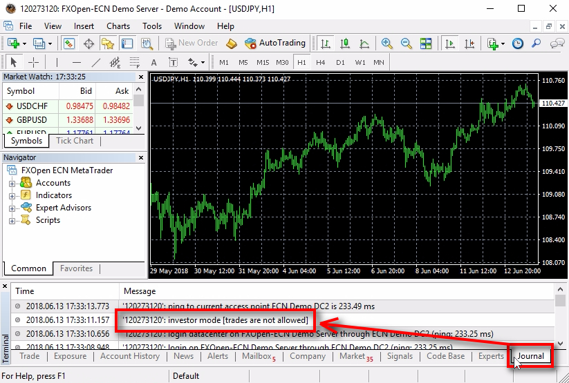 How can you know if you are logged into MT4 with investor password or main password;When you login into MT4 with investor password it means you are viewing the account in investor mode or read-only mode. It means you cannot perform any trading operations like opening trades, modifying trades or closing them. After you login into MT4, you can open the Journal tab at the bottom of MetaTrader to find the investor mode [trades are not allowed] message. It tells you that you are logged in using the investor password.