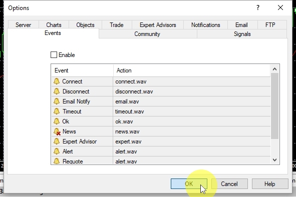 Disabling sound alerts in MT4 platform Another thing I always do for each MT4 platform is disabling of sound alerts. I know many people use them and they can be very useful, but I am usually running multiple MetaTrader 4 terminals on my computer and it becomes very annoying when many of them start giving me sound alerts :-) Click on OK to save settings and close the Options window.