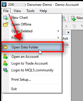 Switch to MT4 terminal and open Data Folder To install those trading robots into my MT4 trading platform, I need to open Data Folder from the File menu.