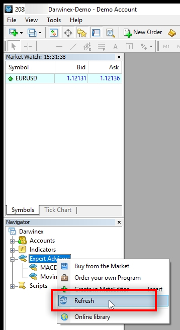 Refresh Expert Advisors list in MT4 Before I can use these newly installed trading robots, I need to refresh the Expert Advisors list inside my MT4 Navigator window. 