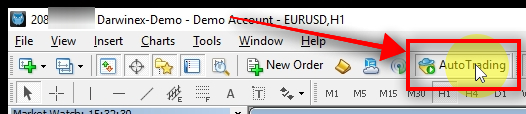 Turn On Automated Trading By default, Autotrading is disabled in MT4, so I need to enable it from the top toolbar. After I enable Autotrading, I can now proceed to start all trading robots.