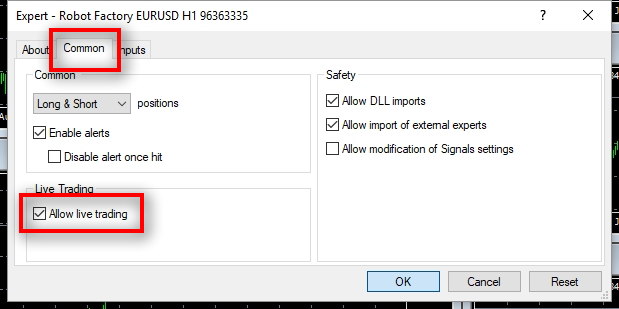  Before the EA starts, it shows EA Properties window. In the Common tab, make sure the Allow live trading is selected.